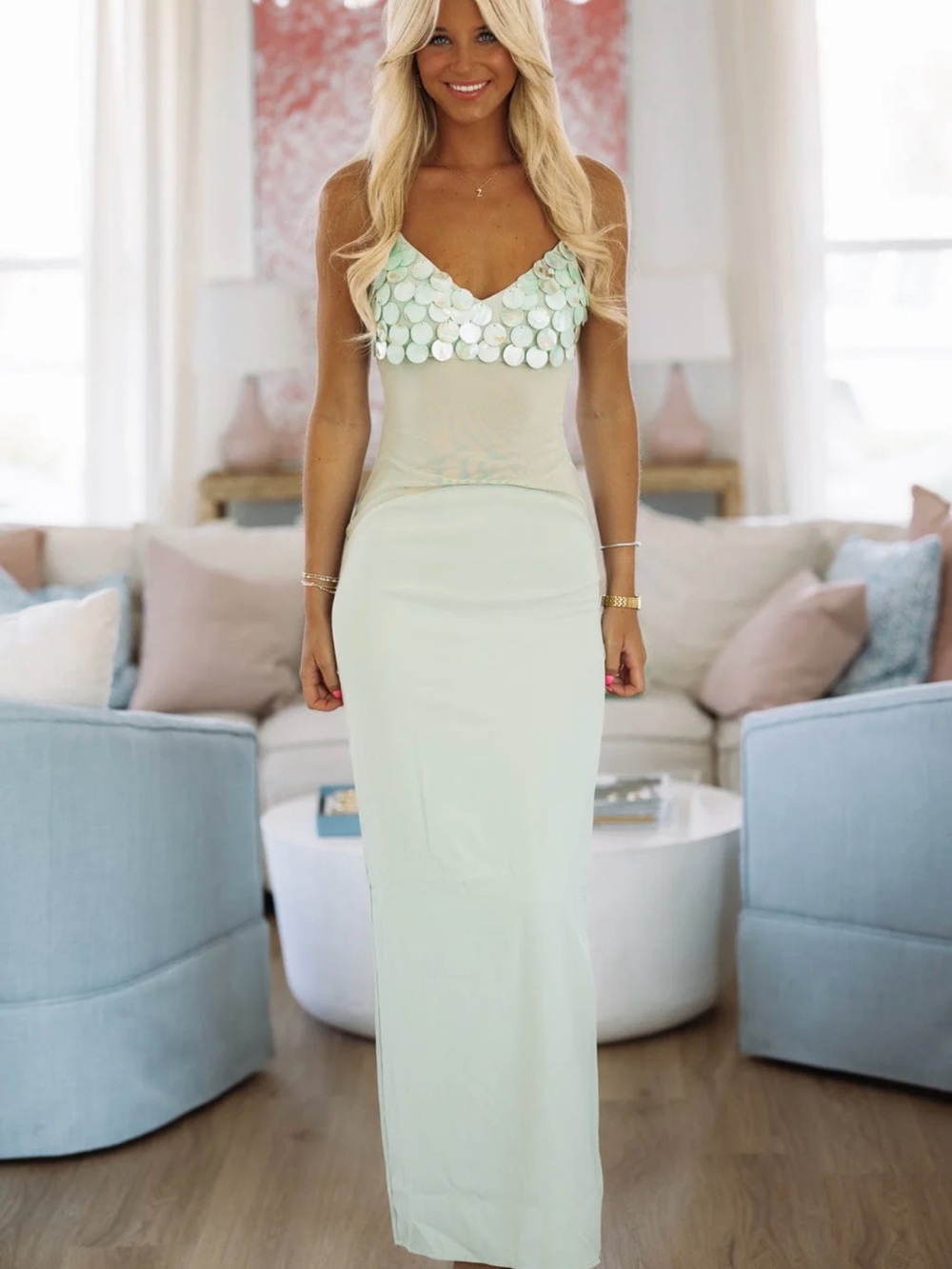 Elegant Sequin-Embellished Mint Maxi Dress